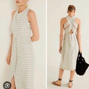 Mango Gingham Print Crisscross midi Sleeveless Checkered Dress - Cream